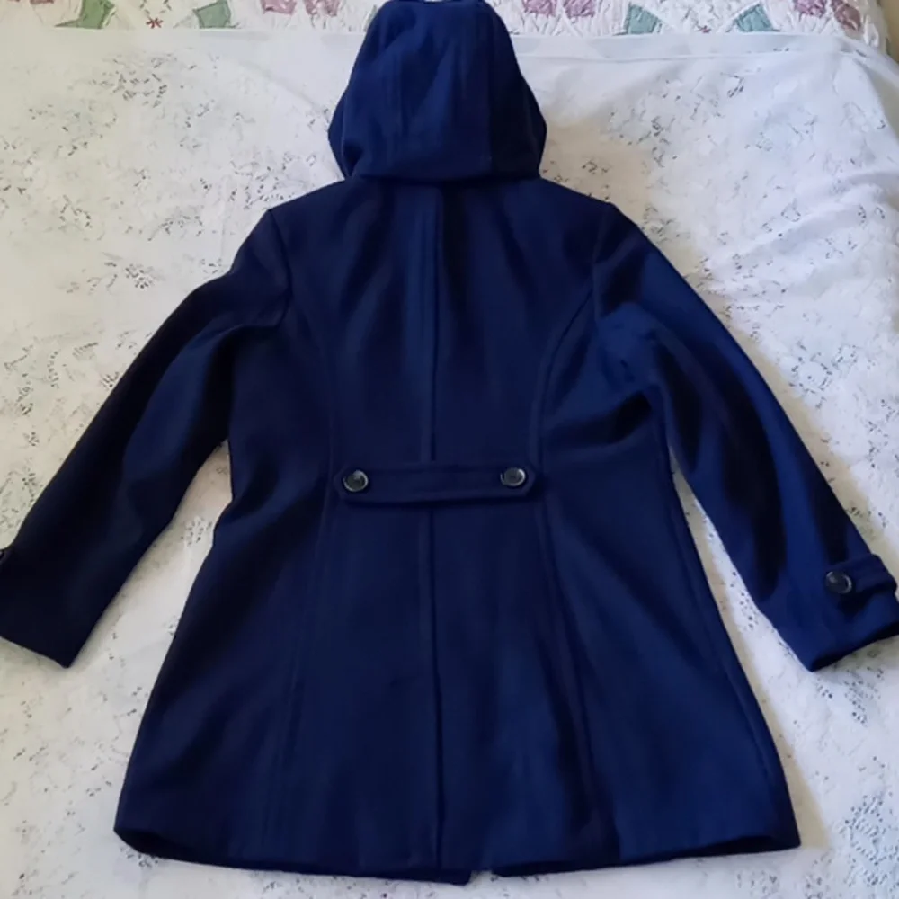St. John's Bay Women's Navy Wool Blend Coat With Removable Hood Size Petite Med